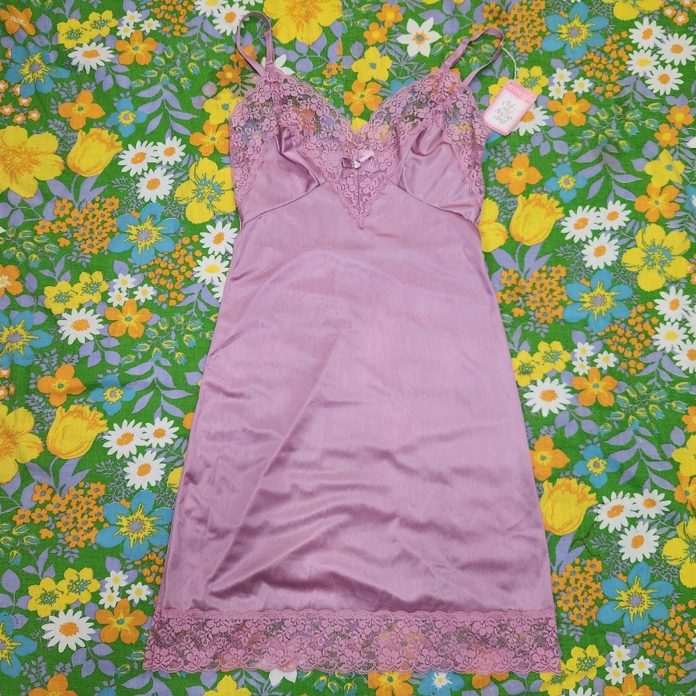 NWT Antron III Sliperfection Vintage 60s Floral Lace Trim Lingerie Slip Dress